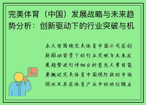 完美体育（中国）发展战略与未来趋势分析：创新驱动下的行业突破与机遇