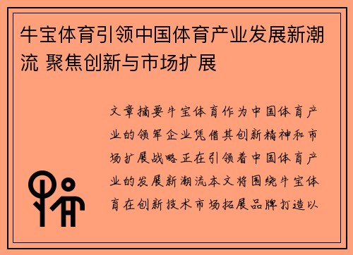 牛宝体育引领中国体育产业发展新潮流 聚焦创新与市场扩展